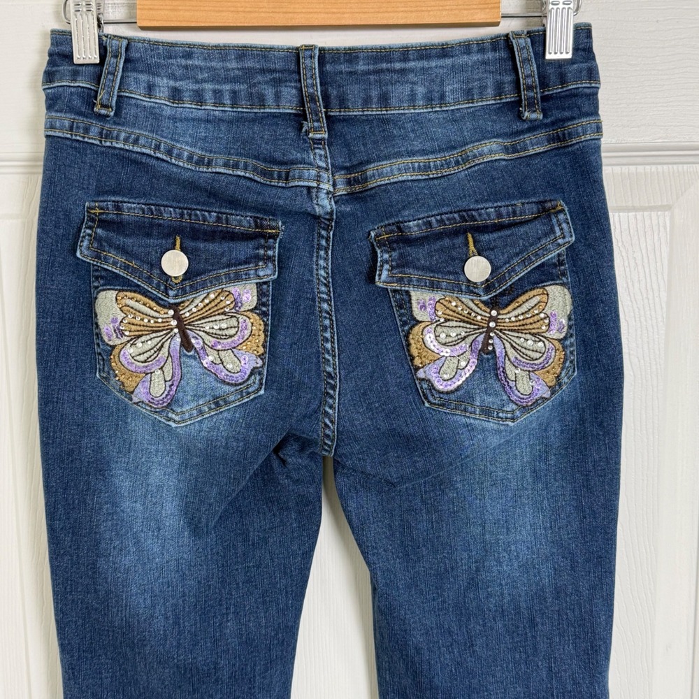Butterfly Embroidered Flare Leg Dark Wash Denim Jeans Y2K Style Women Size 24x29